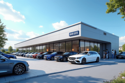 Façade d'un concessionnaire automobile moderne en France avec voitures populaires