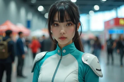 Cosplayeuse déguisée en Hallibel de Bleach lors d'une convention anime en 2025, costume blanc et bleu détaillé