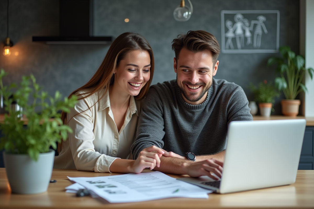 Jeune couple planifiant leur budget à la cuisine