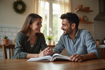 Couple souriant lisant un article juridique à la maison