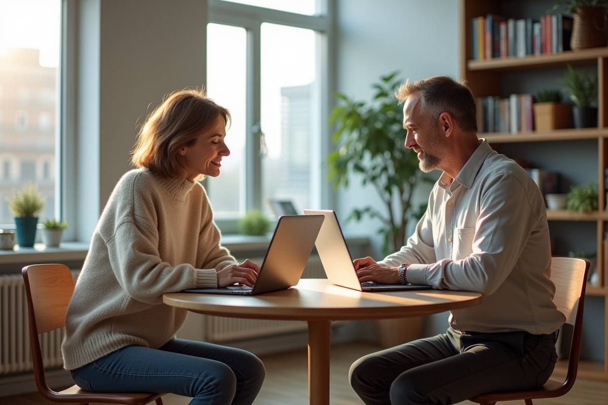 Couple d'âge moyen lisant sur un canapé dans un appartement lumineux
