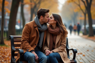 Couple s’embrassant dans un parc en automne avec feuilles mortes