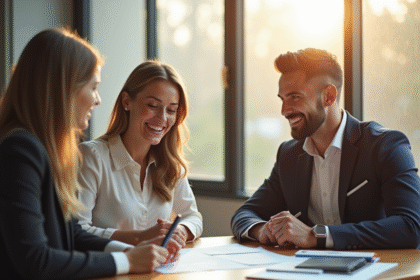 Couple souriant discutant d'un contrat de prêt immobilier avec un banquier