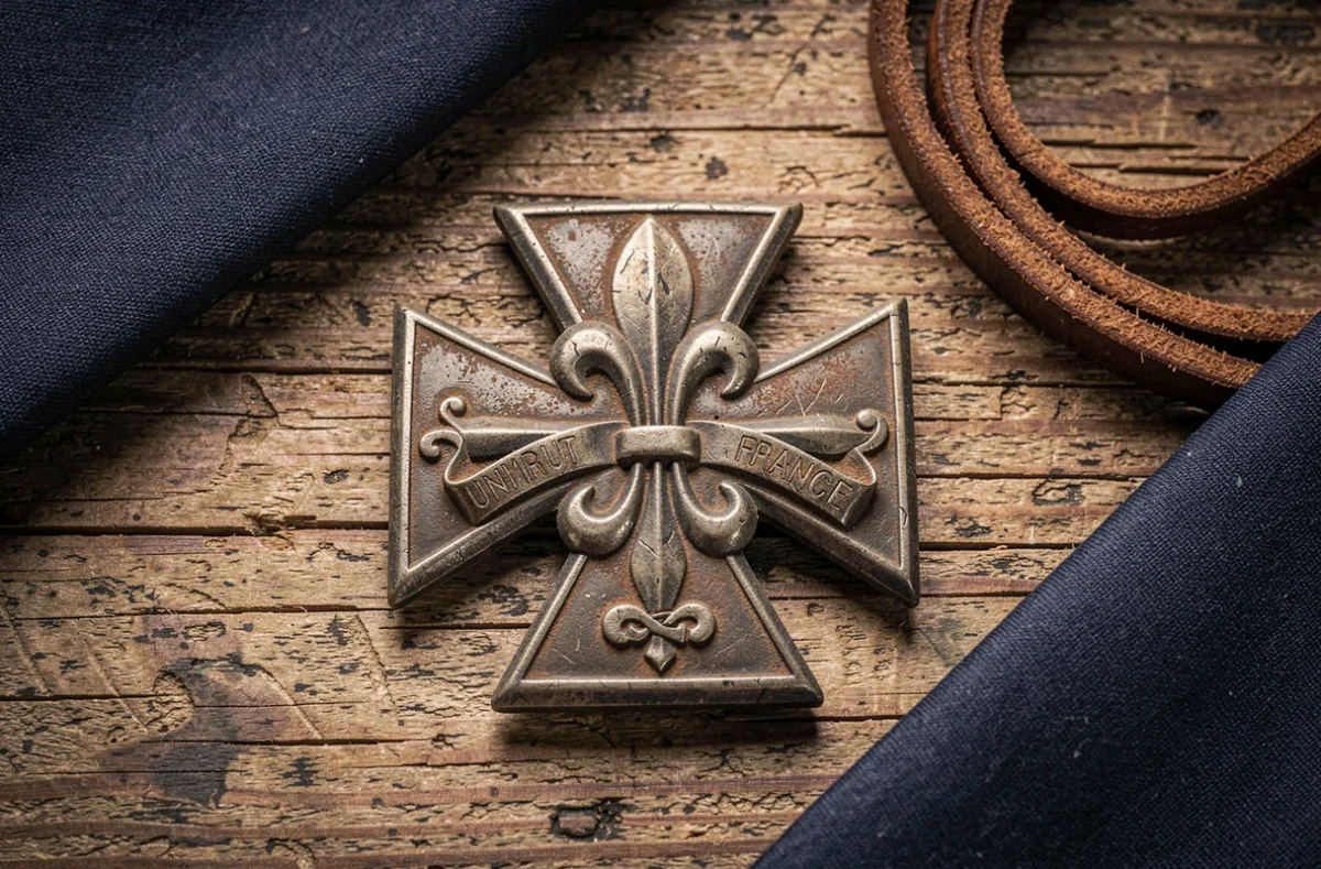 Gros plan détaillé de la croix scout unitaire de France en métal patiné avec fleur de lys gravée et foulard bleu marine