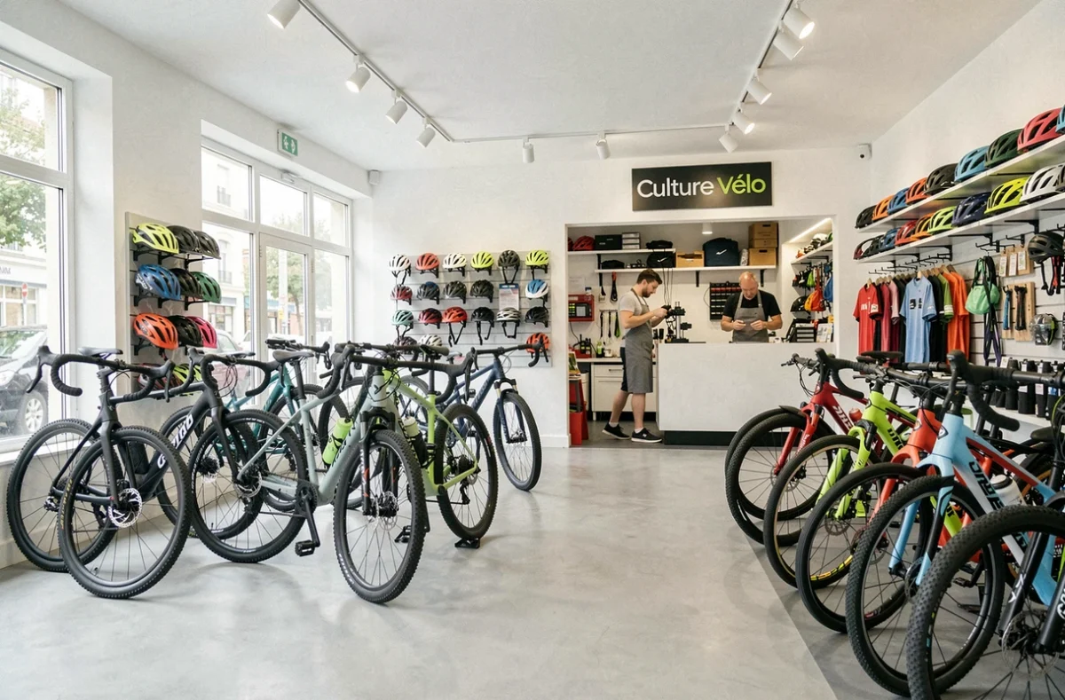 Intérieur du magasin Culture Vélo Rouen avec rayons multi-pratiques et atelier de réparation visible en fond