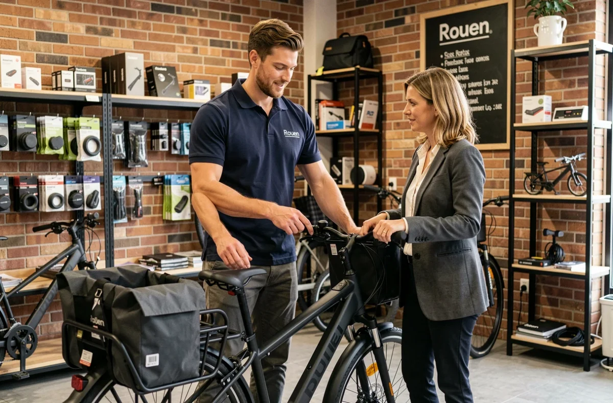 Vendeur conseillant une cliente sur un vélo électrique utilitaire avec porte-bagages chez Cyclable Rouen
