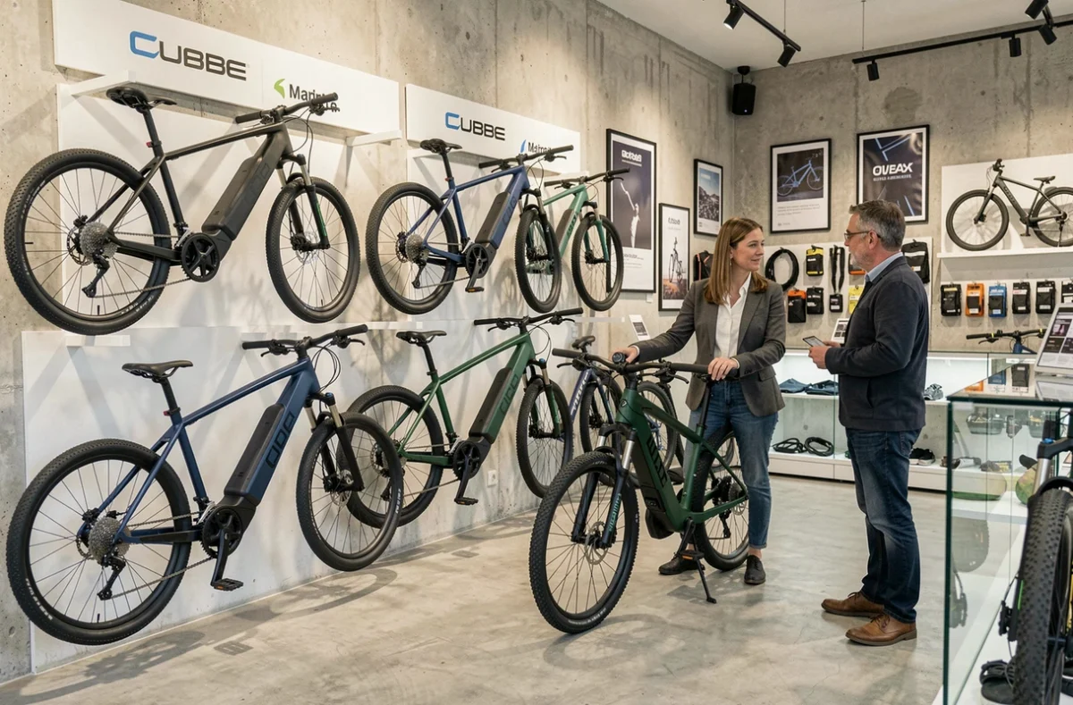 Showroom premium de Cycles Blain en Seine-Maritime avec des vélos électriques haut de gamme Cube exposés sur des supports muraux