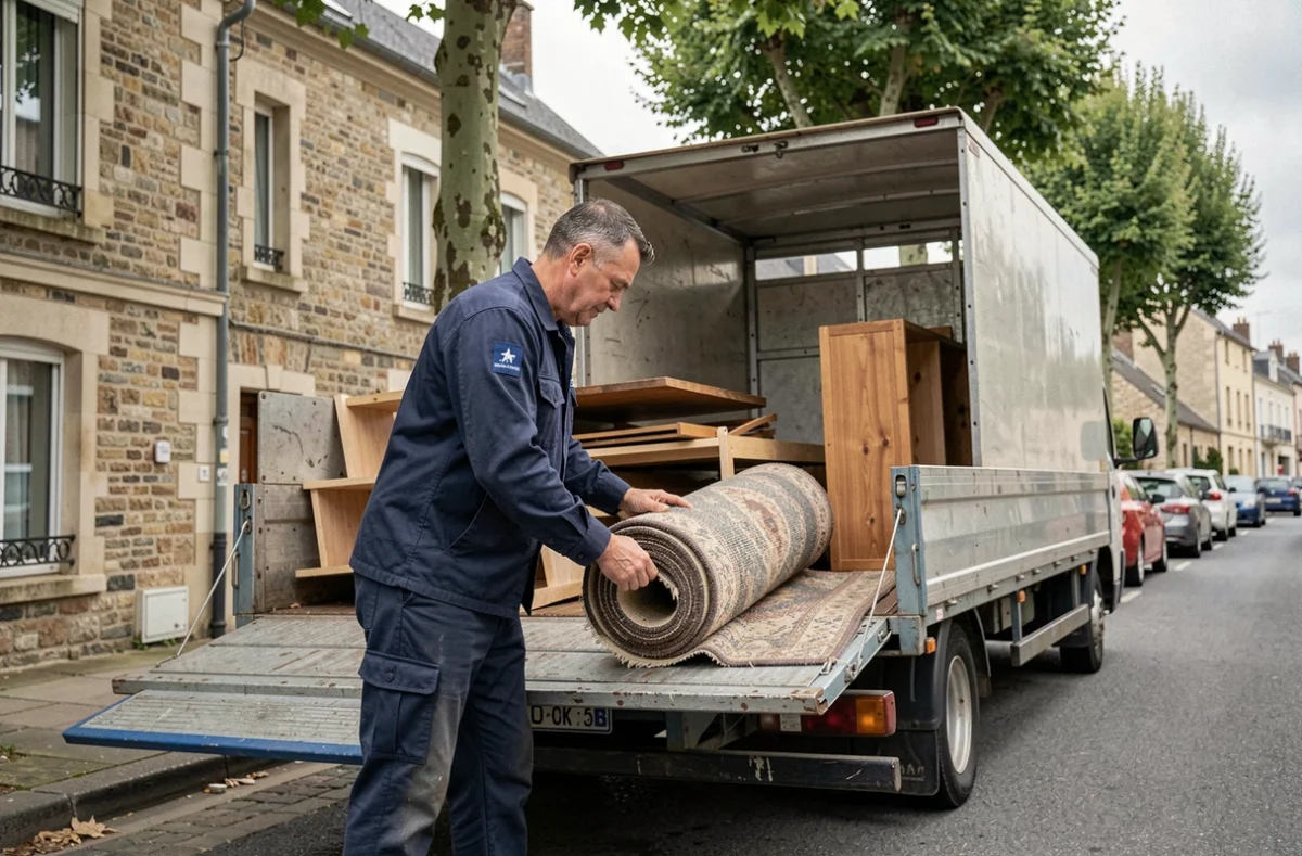 Un débarrasseur de Débarras Express Touraine chargeant des meubles dans un camion en Touraine
