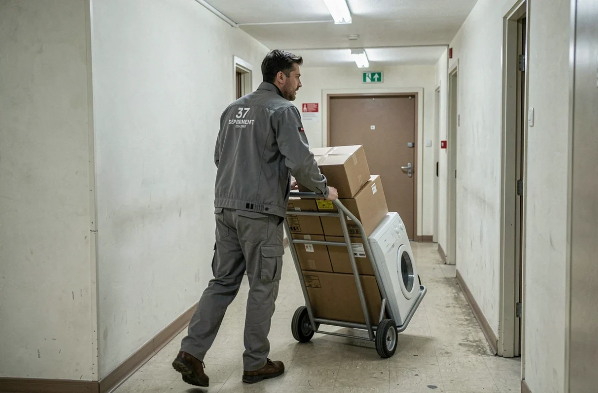 Un débarrasseur de Débarras Services 37 poussant un chariot chargé dans le couloir d'un immeuble