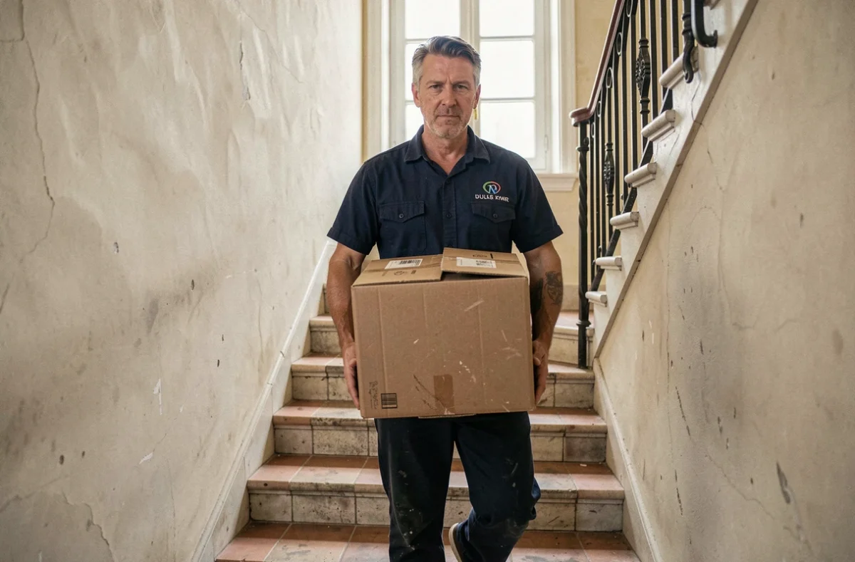 Un débarrasseur professionnel portant un carton dans un escalier d'une maison à Orléans pour Les Débarrasseurs de l'Extrême
