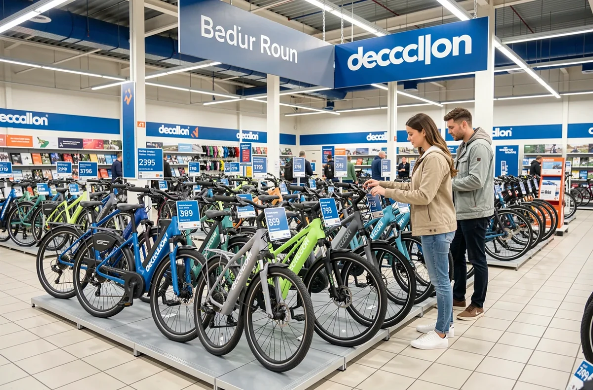 Rayon vélos électriques accessibles dans un Decathlon du centre-ville de Rouen avec un couple en train d'essayer un VAE