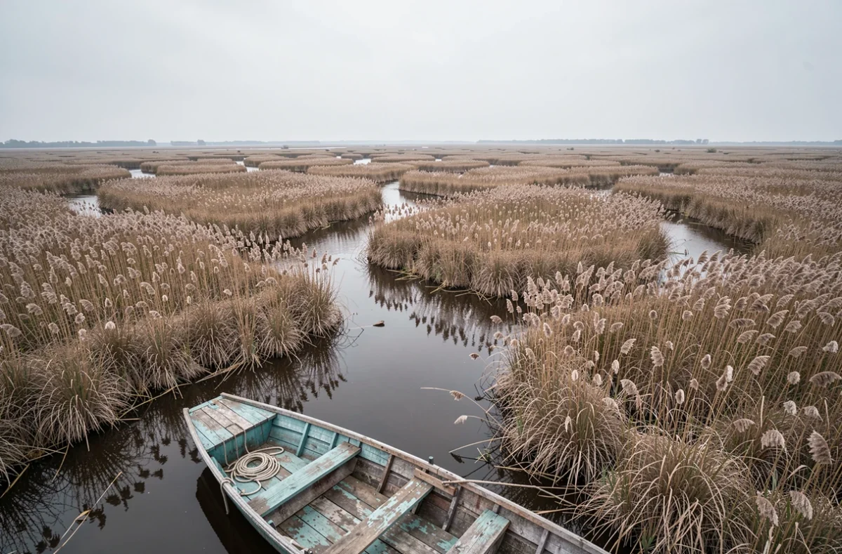 Delta du Danube avec ses canaux et roselières vus d'un point de vue surélevé, barque traditionnelle au premier plan
