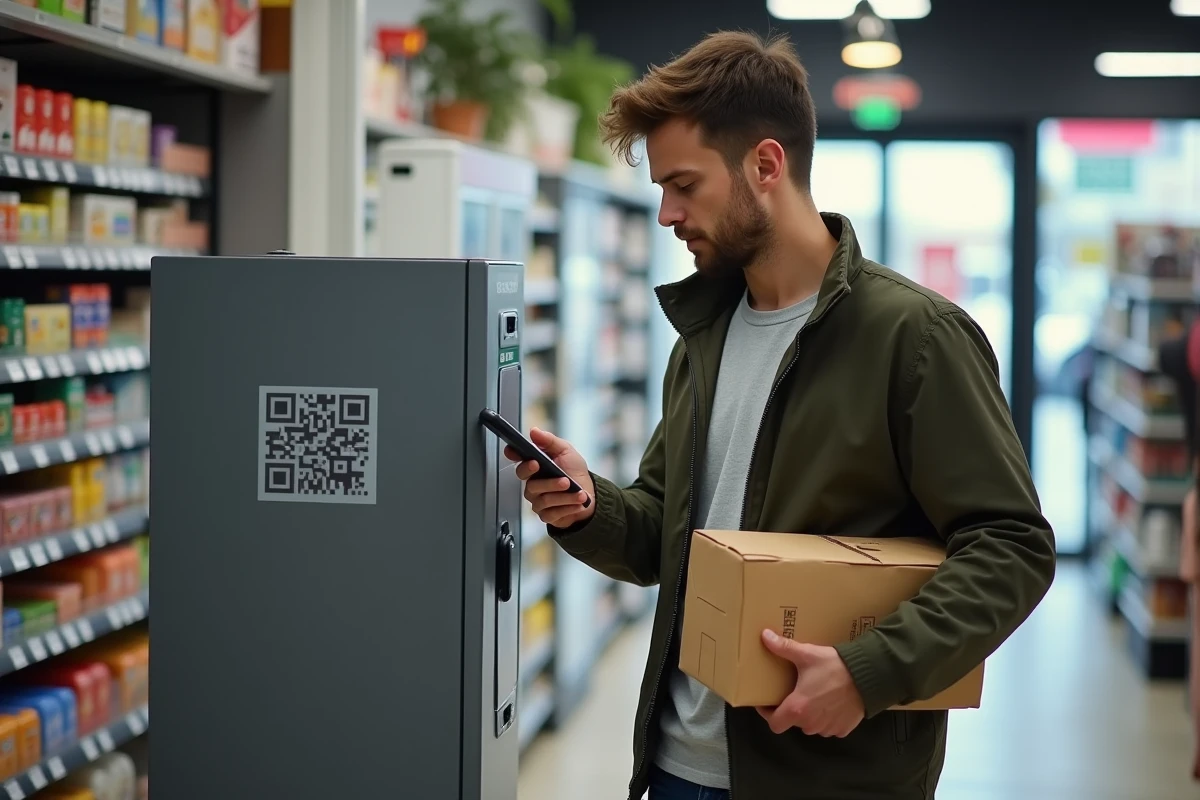 Homme déposant un colis Vinted à un point relais en scannant un QR code