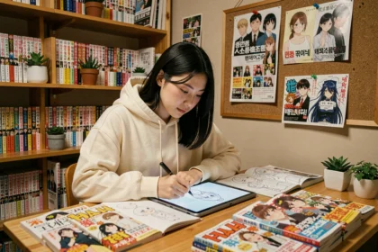 Jeune femme dessinatrice de manga travaillant sur une tablette graphique entourée de volumes manga et de croquis dans un studio japonais cosy
