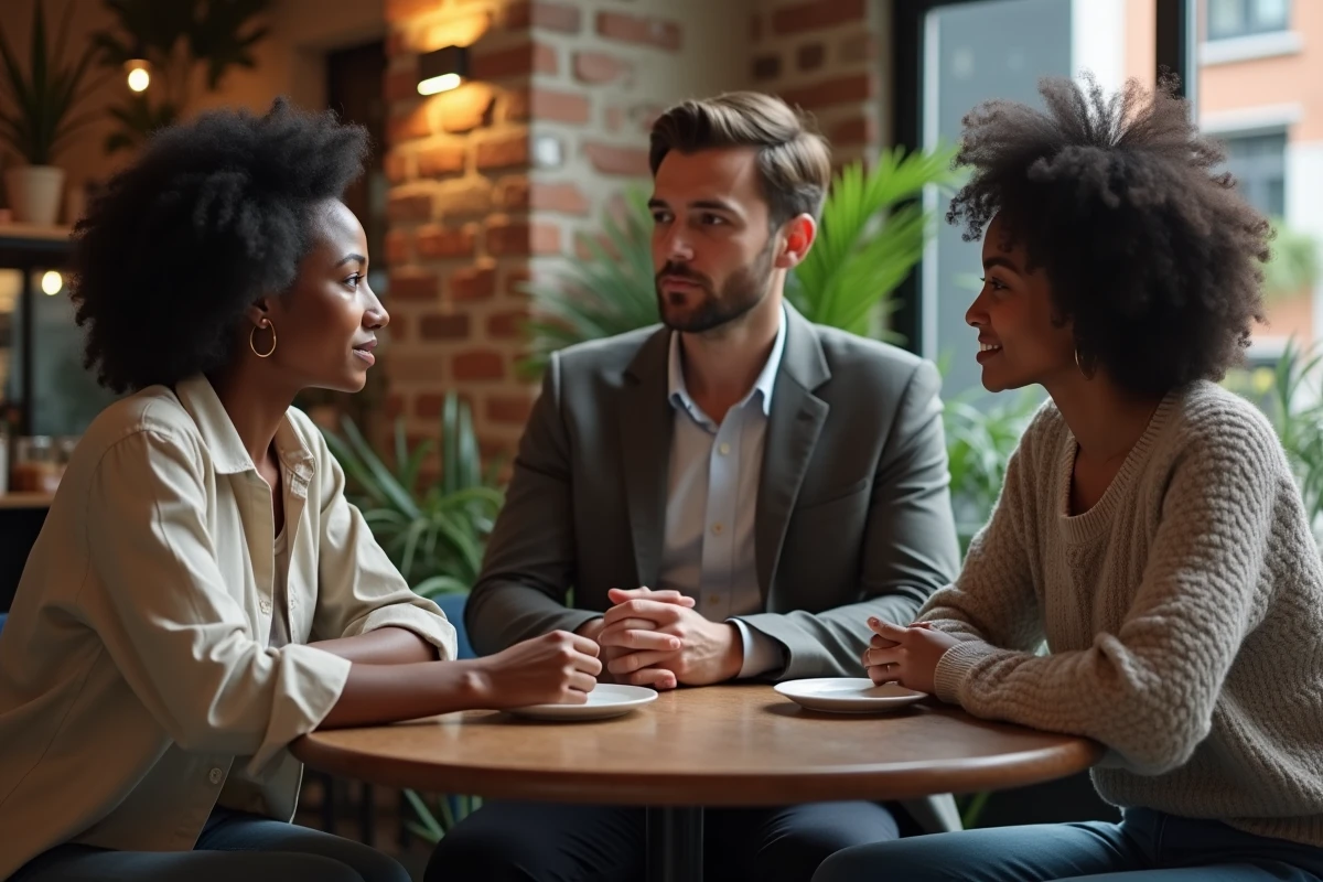 Groupe de personnes aux origines diverses discutant dans un café urbain, symbolisant le dialogue interculturel et la diversité des identités
