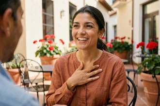Femme souriante exprimant sa gratitude en espagnol dans un café en terrasse en Espagne