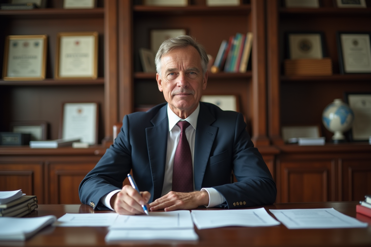 Principal français examinant des documents dans son bureau