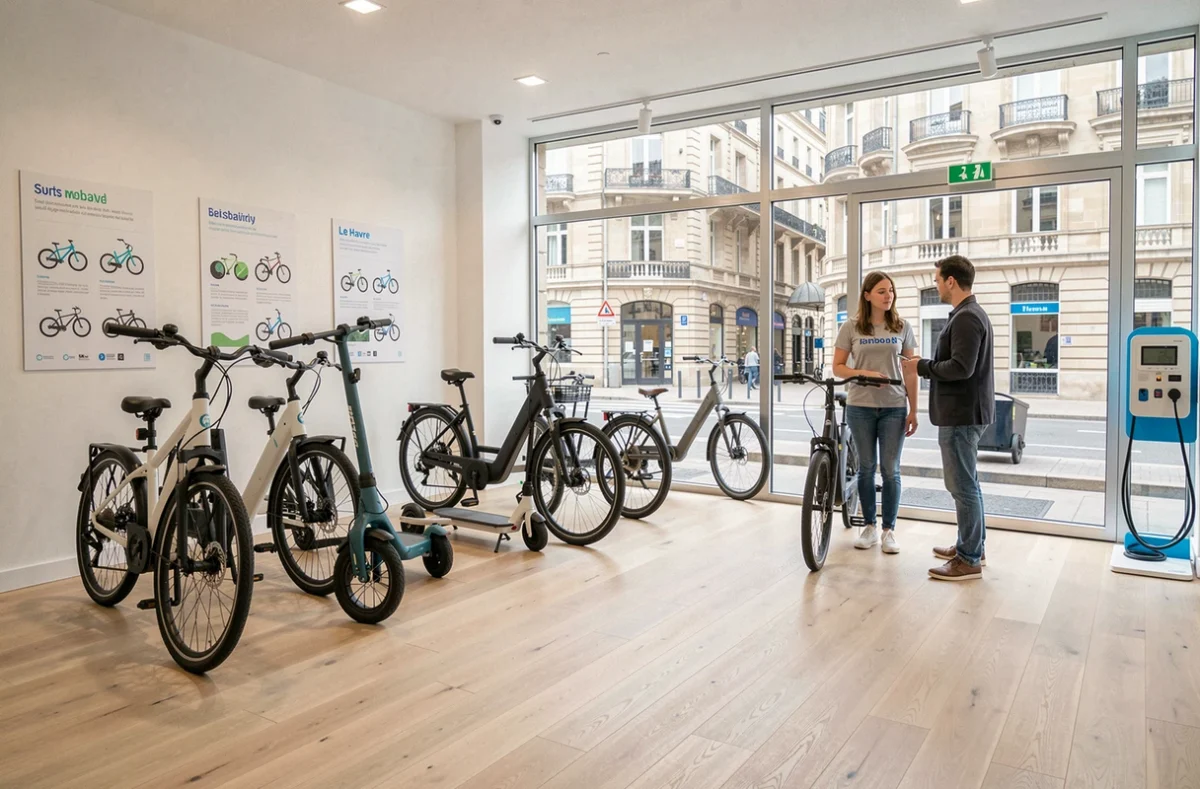 Magasin E-Cycle 76 au Havre proposant des vélos électriques et des solutions de mobilité douce dans un espace moderne