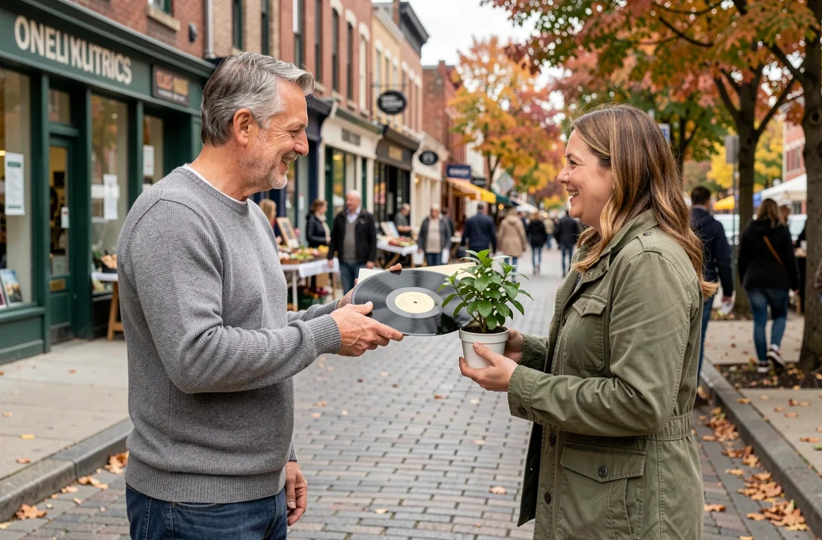 Échange de biens entre deux particuliers dans la rue lors d'un troc organisé via une application mobile