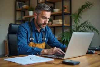 Électricien homme au bureau avec calculateur digital et câblage