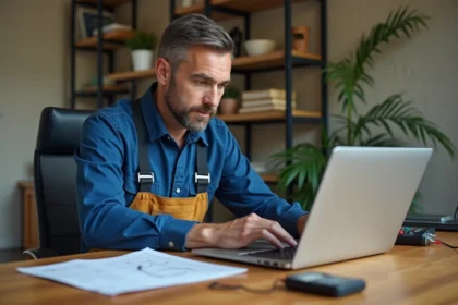 Électricien homme au bureau avec calculateur digital et câblage