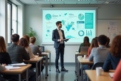 Élèves français et professeur dans une salle lumineuse avec infographie sur l'éducation