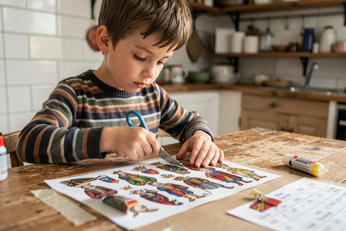 Enfant découpant des cartes de rois de France pour assembler une frise chronologique personnalisée