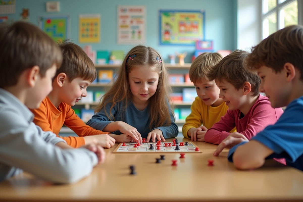 Groupe d'enfants jouant à un jeu de société en classe lumineuse