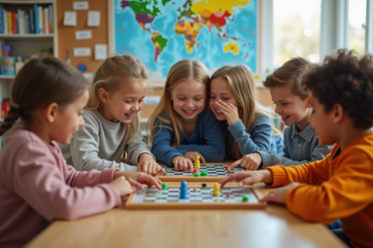 Enfants de 7 à 10 ans jouant en groupe dans une classe lumineuse