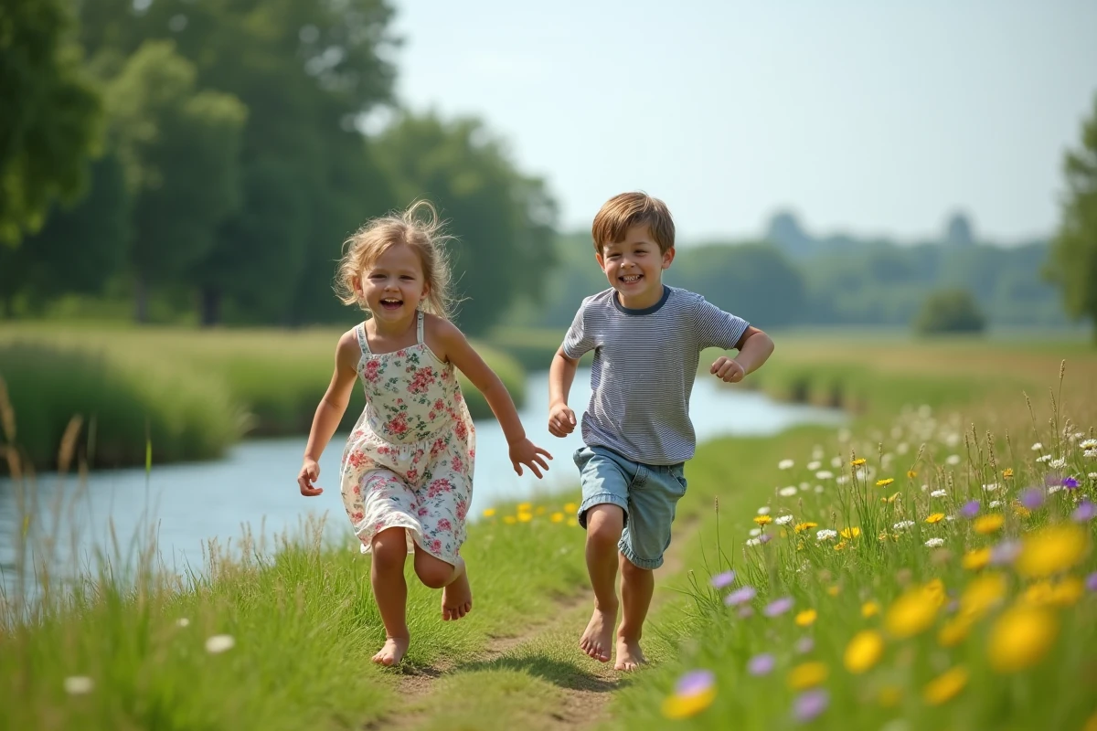 Enfants jouant dans la nature sauvage et les prairies verdoyantes de la campagne gersoise près d'Eauze