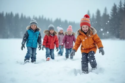 Groupe d'enfants jouant dans la neige en hiver