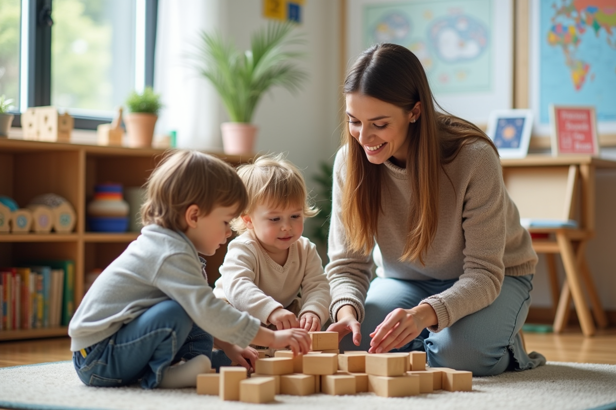 Enseignante aidant des enfants avec des blocs en classe