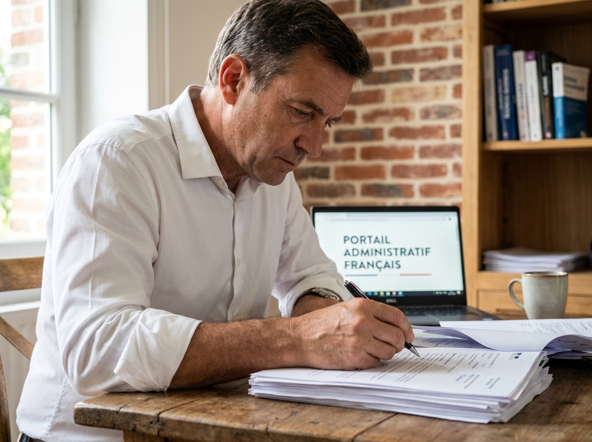 Entrepreneur concentré annotant un accord entre associés dans un bureau à domicile avant dépôt à l'INPI