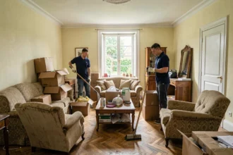 Deux professionnels du débarras en train de vider une maison en Centre-Val de Loire, entourés de meubles et de cartons