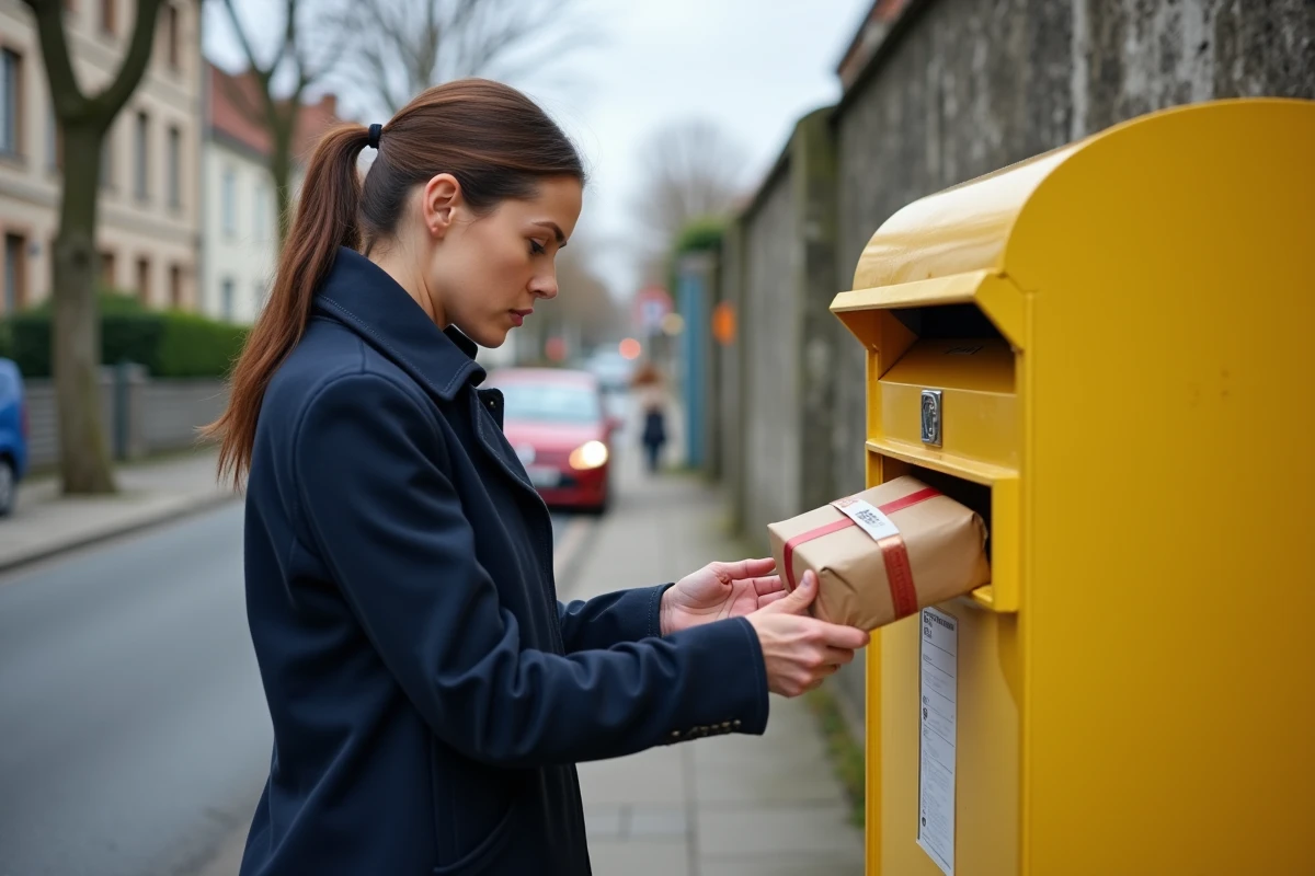Femme déposant rapidement un colis Vinted dans une boîte aux lettres La Poste en extérieur