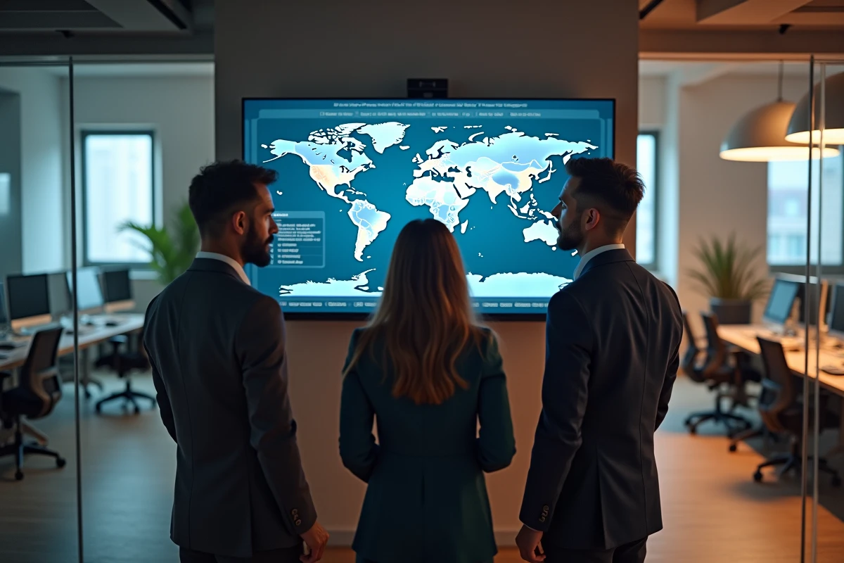Équipe de professionnels analysant une carte mondiale de crises internationales dans une salle de rédaction ou un bureau d'analyse géopolitique