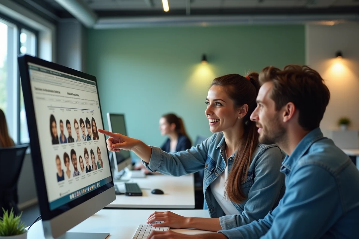Groupe de collègues analysant ensemble une frise chronologique de l'évolution des mèmes internet dans un bureau moderne