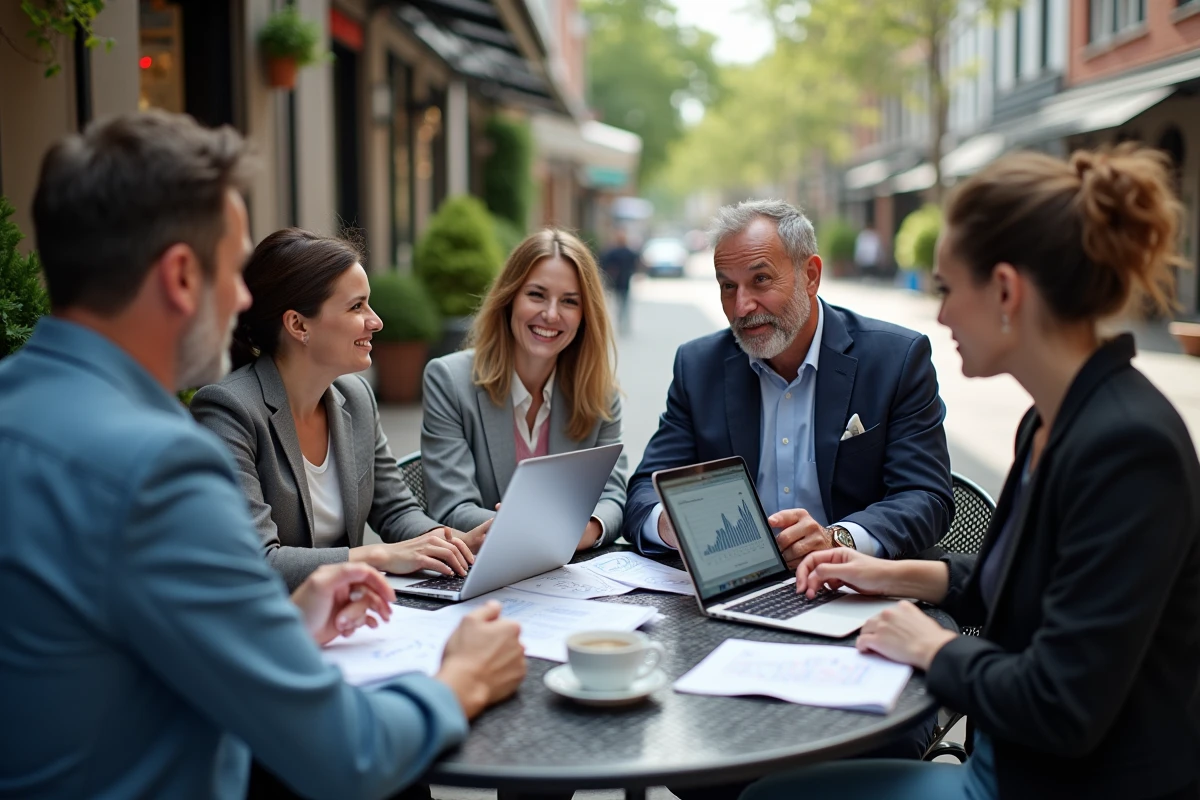 Groupe de professionnels discutant en extérieur