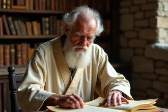 Vieil homme étudiant un manuscrit religieux ancien sur un lutrin en bois dans une bibliothèque de pierres