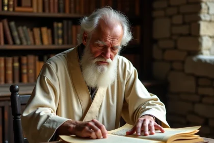 Vieil homme étudiant un manuscrit religieux ancien sur un lutrin en bois dans une bibliothèque de pierres