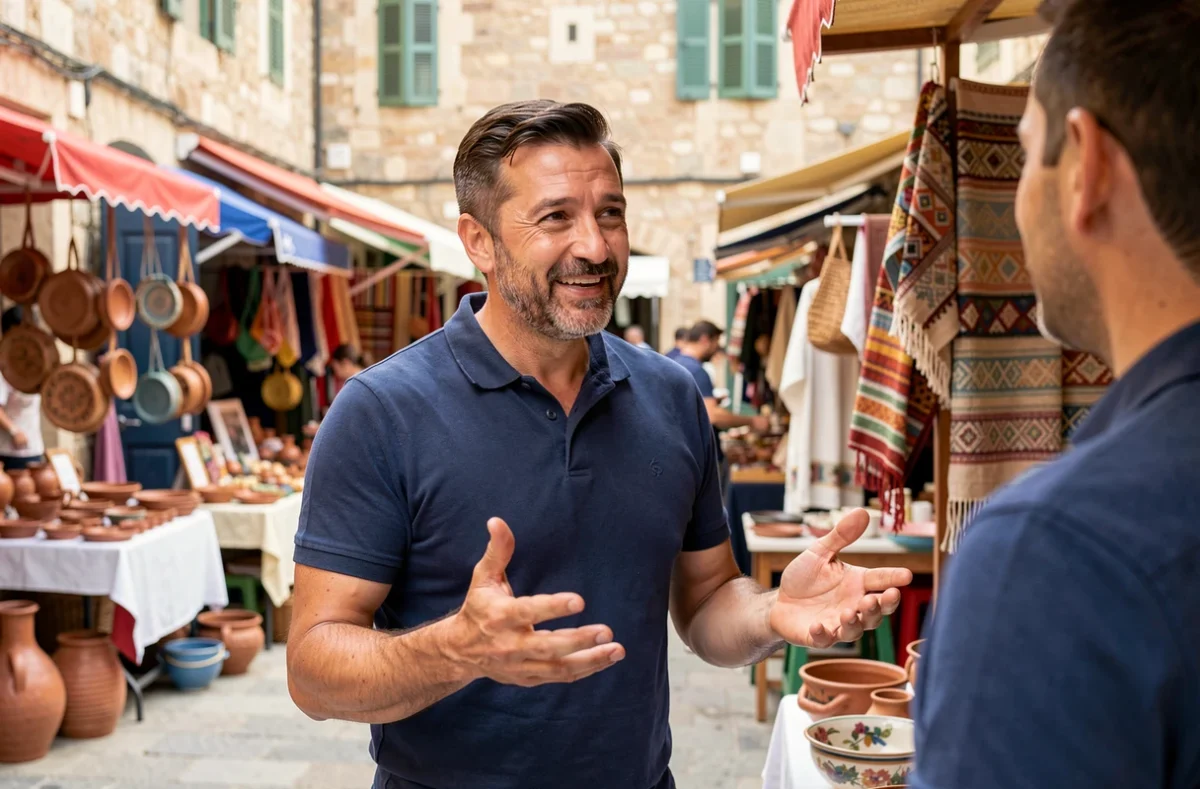 Homme remerciant un vendeur en espagnol sur un marché de rue en Espagne