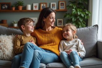 Femme avec deux enfants en discussion chaleureuse dans le salon