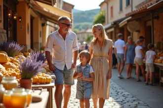 Famille en train de découvrir le marché traditionnel d'Eauze dans le Gers, avec des étals colorés de produits locaux gascons