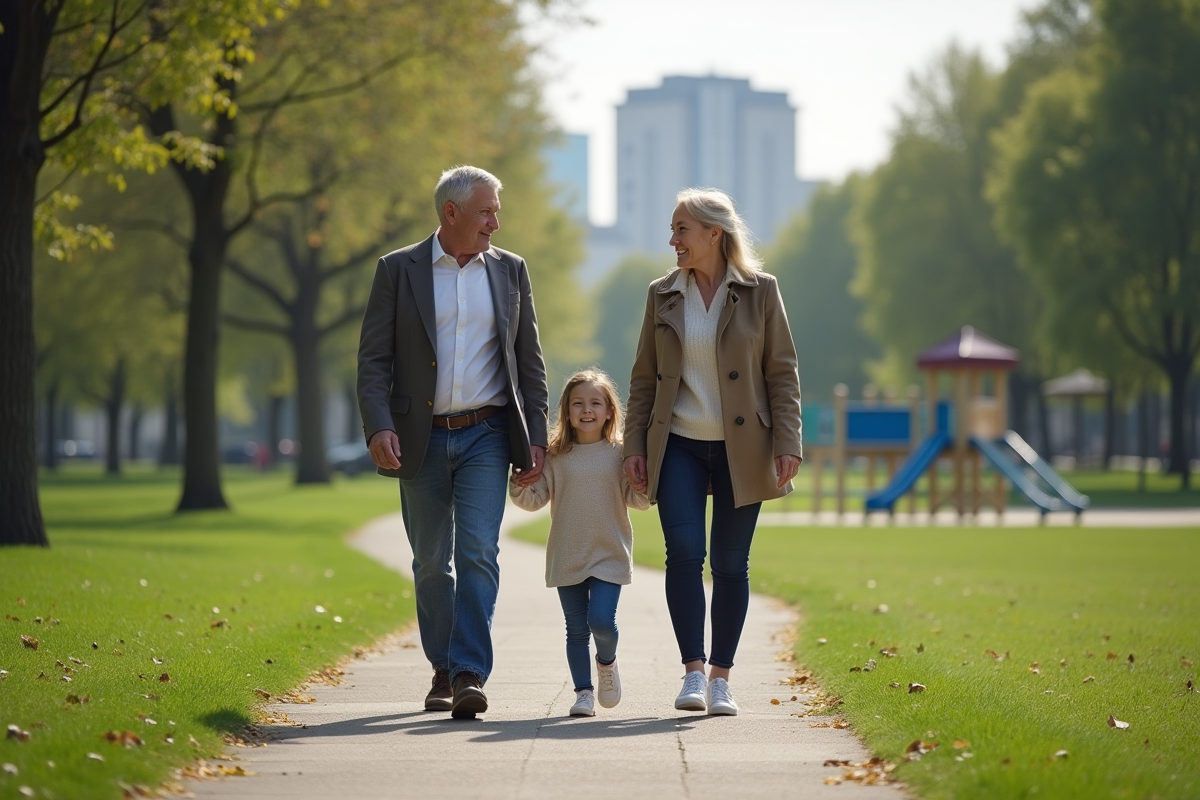 Un couple et une fille dans un parc en ville en promenade