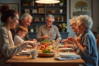 Famille multigenerational partageant un repas convivial