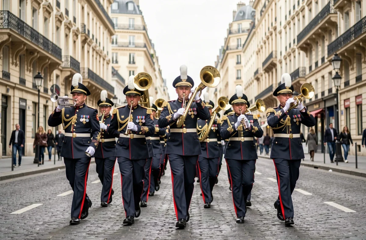 Fanfare militaire française en uniforme de cérémonie défilant sur un boulevard parisien haussmannien