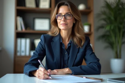 Femme d'affaires en tailleur navy confiante au bureau
