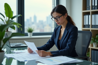 Femme d affaires en costume regardant des documents financiers