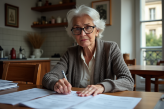 Femme d'âge mûr examinant ses documents fiscaux à la maison