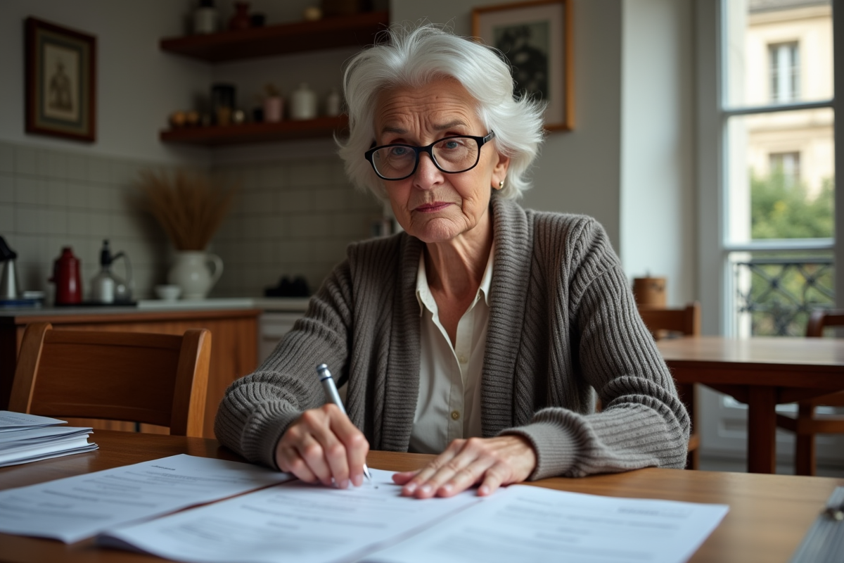 Femme d'âge mûr examinant ses documents fiscaux à la maison